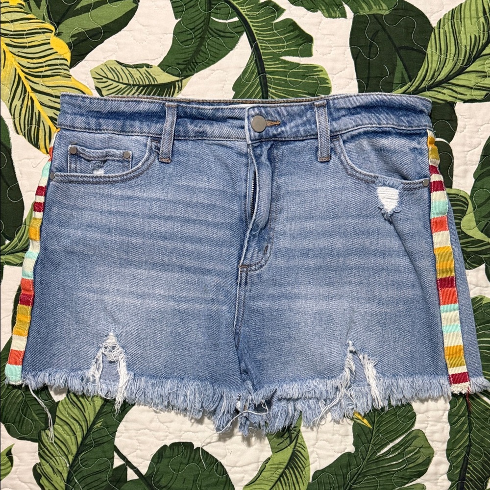 Tinsel Light Blue Denim Shorts with Rainbow Side Stripes